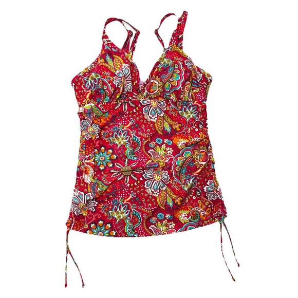 Athleta Tankini Swimsuit Red Paisley Size 34 D/DD Pads Included Cinched Sides M - Picture 1 of 9